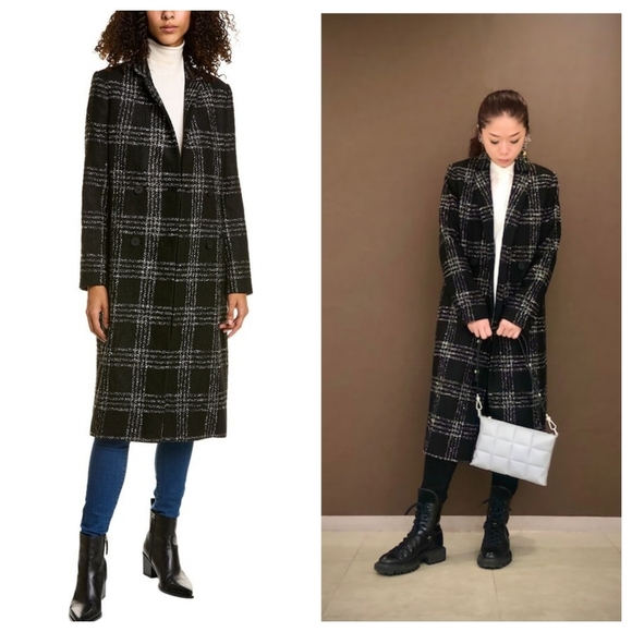 ALL SAINTS Bexa Check Coat Plaid Black + White Midi Jacket 2 - Picture 1 of 16
